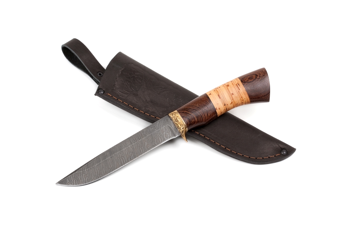 охотничий нож с комбинированной рукоятью дерево - береста 